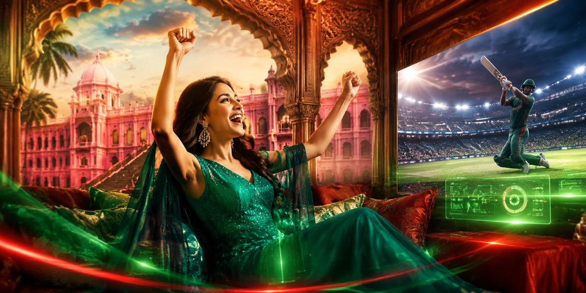 A Bangladeshi user enjoying betin cricket betting in red and green attire in Dhaka